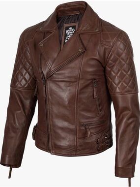 Men's Quilted Brown Leather Biker Jacket - Classic Style